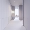 Modern Hotel Corridor Interior Design With Gray Walls Wooden Panels And Pendant Light
