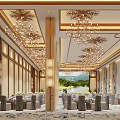 Luxurious Banquet Hall Interior With Crystal Chandeliers And Dining Table Chair Arrangements