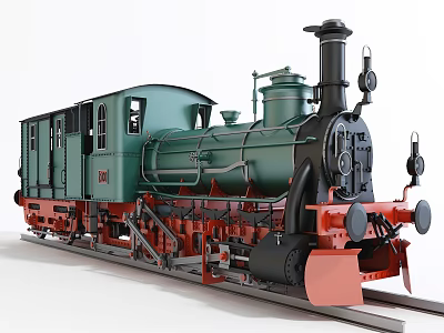 Classic Green Red Steam Train With Black Chimney On Railway Track 3d model