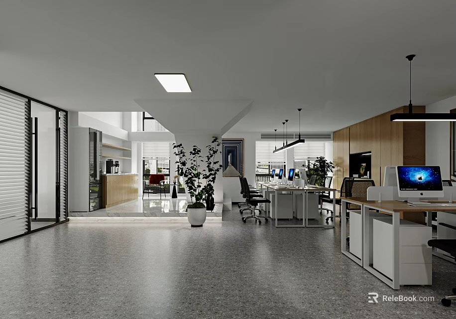 Modern Public Office Space With Open Layout Desks Computers And Green Plants 3d model