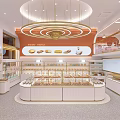 Elegant Dessert Shop Interior With Circular Pastry Display Counter Golden Chandeliers And White Shelves