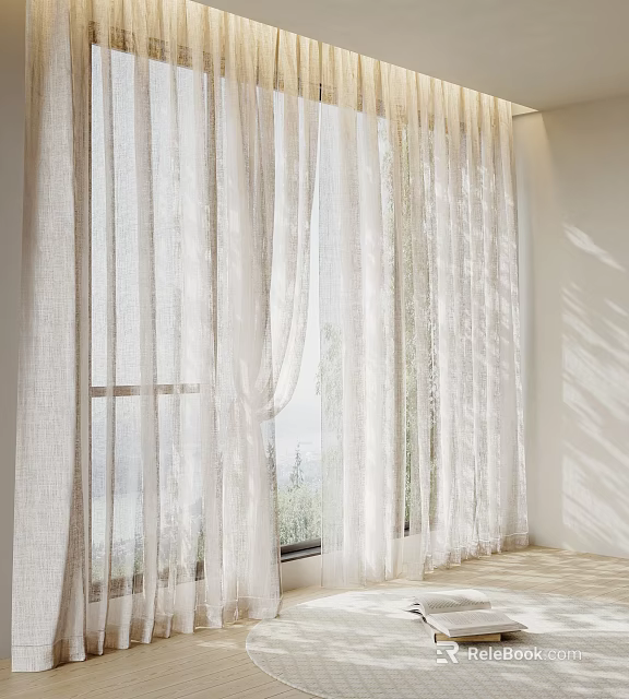 White Sheer Curtains With Light Filtering For Window Scenic View And Natural Light 3d model 