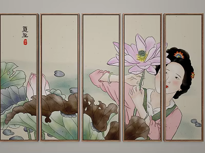 Traditional Chinese Painting On Screen Panels With Lady And Lotus Flowers 3d model
