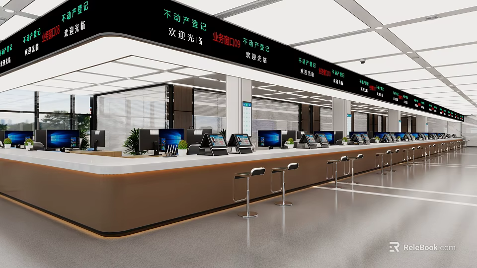 Modern Service Hall Interior With Service Counters Computers And Spacious Layout 3d model