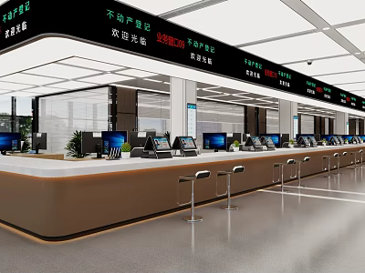 Modern Service Hall Interior With Service Counters Computers And Spacious Layout 3d model