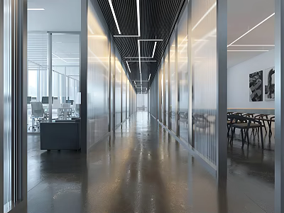 Modern Office Corridor With Glass Partitions Clean Lines Sleek Flooring And Lighting 3d model