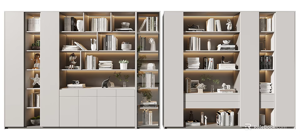 Modern Bookcase With Open Shelves Books Decorative Items Potted Plants And Storage Space 3d model 