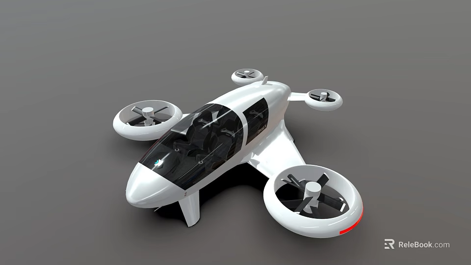 Futuristic Electric Flying Vehicle With White Body And Four Propellers Cabin Design 3d model