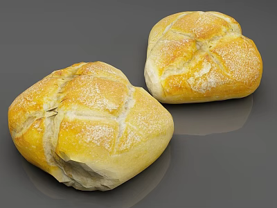 Two Freshly Baked Golden Bread Loaves With Cross Pattern On Surface 3d model