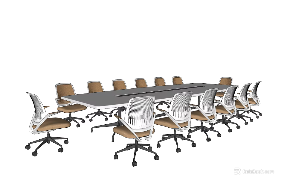 Modern Office Conference Table With White And Brown Rolling Chairs For Meeting Room 3d model 