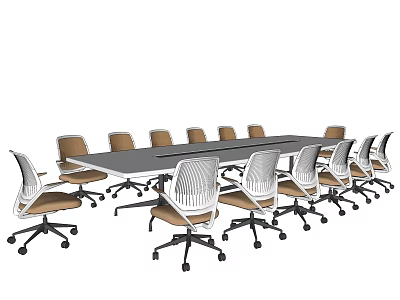 Modern Office Conference Table With White And Brown Rolling Chairs For Meeting Room 3d model