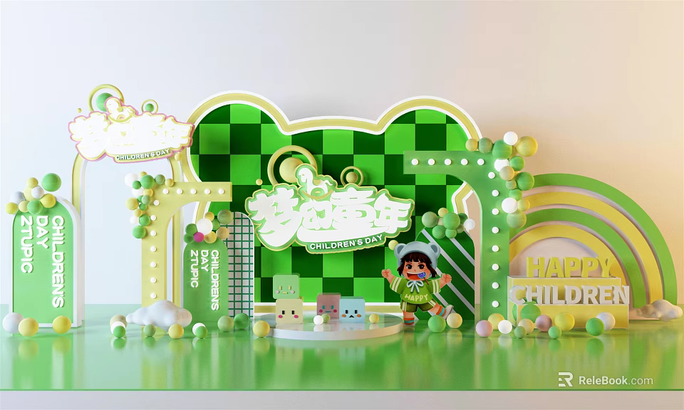 Colorful Cartoon Themed Photo Check In Spot With Green Checkered Background Balloons And Rainbow 3d model 