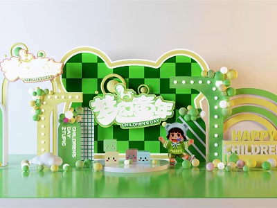 Colorful Cartoon Themed Photo Check In Spot With Green Checkered Background Balloons And Rainbow 3d model