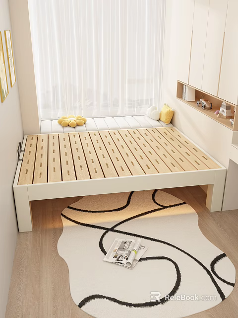 Tatami Bedroom Interior Design With Wooden Tatami Bed Window Curtain Storage Cabinets And Patterned Rug 3d model 