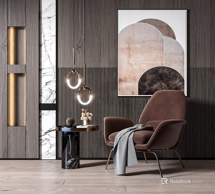 Modern Brown Single Sofa With Throw Blanket And Geometric Wall Art 3d model