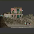 Cartoon Scene with Pink Building Green Balcony Pool Sandy Beach Tent Surfboard and Small Car