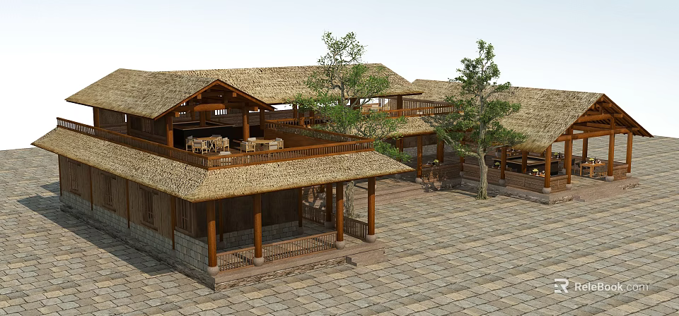 Traditional Thatched House With Wooden Veranda Trees And Stone Paved Courtyard 3d model 