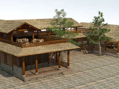 Traditional Thatched House With Wooden Veranda Trees And Stone Paved Courtyard 3d model