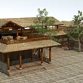 Traditional Thatched House With Wooden Veranda Trees And Stone Paved Courtyard