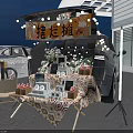 White SUV Trunk Market Stall Setup With Wooden Crates Chairs Plants And String Lights Decoration