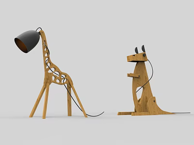 Creative Wooden Animal Shaped Table Lamps Giraffe and Dog Designs with Black Shades 3d model