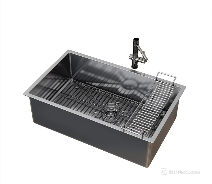 Stainless Steel Single Bowl Kitchen Sink With Faucet And Drain Grid 3d model 
