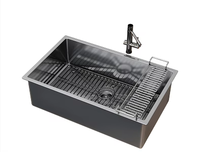 Stainless Steel Single Bowl Kitchen Sink With Faucet And Drain Grid 3d model