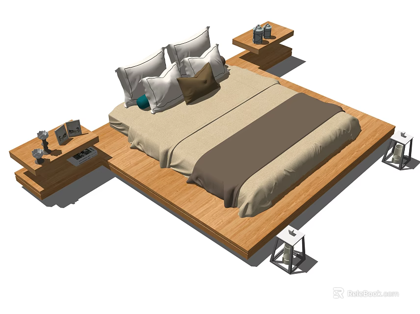 Double Bed Wooden Platform With Cozy Neutral Tones Pillows and Side Nightstands With Decorative Items 3d model 