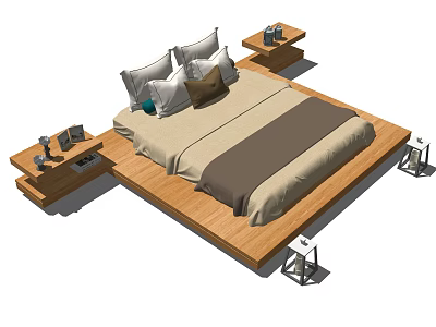 Double Bed Wooden Platform With Cozy Neutral Tones Pillows and Side Nightstands With Decorative Items 3d model