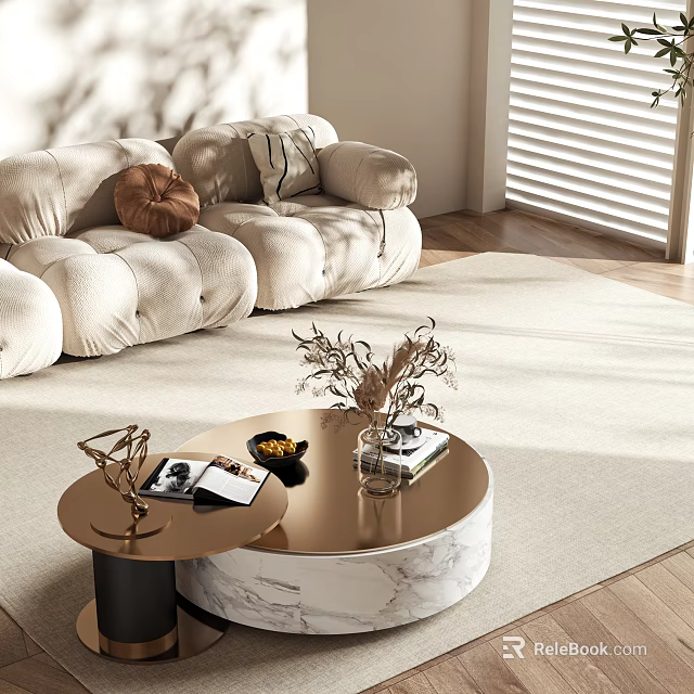 Plush Sectional Sofa With Sunlight Through Blinds And Round Marble Coffee Table 3d model 