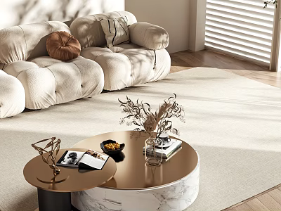 Plush Sectional Sofa With Sunlight Through Blinds And Round Marble Coffee Table 3d model