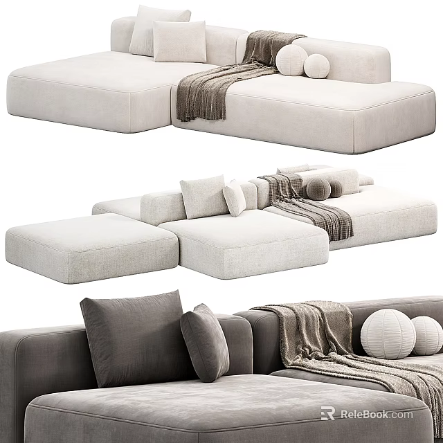 Modern Sectional Sofa With Light Gray Upholstery Pillows Throw Blanket And Round Cushions 3d model 