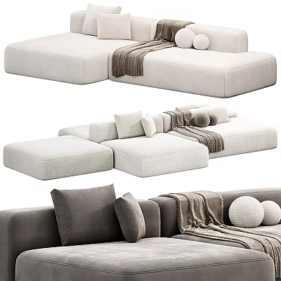 Modern Sectional Sofa With Light Gray Upholstery Pillows Throw Blanket And Round Cushions 3d model