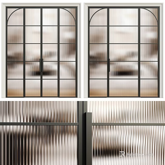 Modern Sliding Doors With Ribbed Glass And Black Metal Frame Design 3d model 