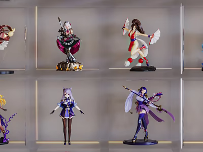 Anime Character Figurines Collection In Glass Display Case With Various Poses And Shelves 3d model