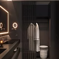 Modern Dark Toned Bathroom With Glass Shower Double Sinks And Backlit Mirrors