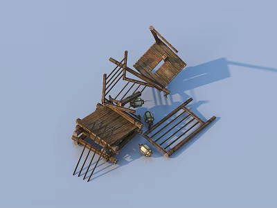 Old Wooden Furniture Pieces Chairs Table And Parts Scattered On Blue Background Surface 3d model