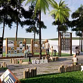 Scenic Park Landscape With Palm Trees Stone Pavement Information Boards And Visitors Walking
