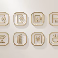 Square Shaped Golden Border Wall Hangings With Various Icons Like WiFi Fire Extinguisher And Coffee Cup