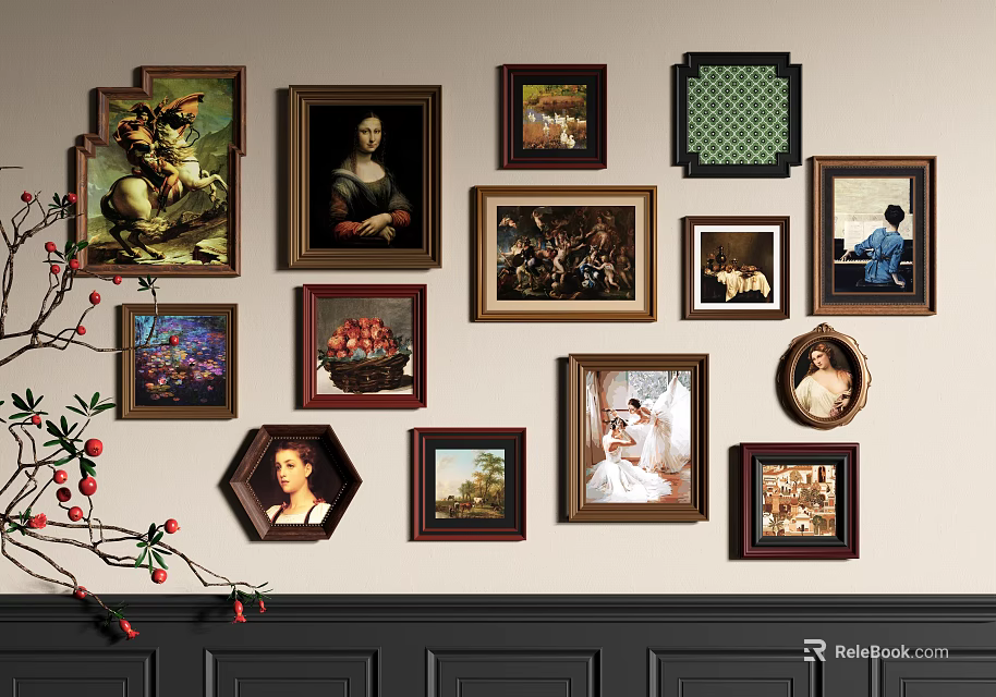 Art Gallery Wall Decor With Diverse Framed Artworks 3d model 