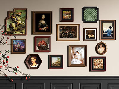Art Gallery Wall Decor With Diverse Framed Artworks 3d model