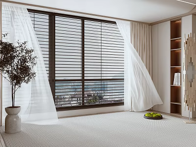 Stylish Dining Living Room With Large Window Blinds White Curtains Decorative Plant And Bookshelf 3d model