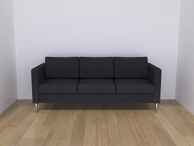 Dark Modern Three-Seater Sofa With Metal Legs Against White Wall On Light Wooden Floor 3d model