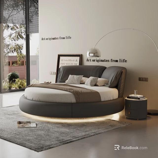 Modern Bedroom With Round Bed Ambient Lighting Nightstand Pillows And Large Window Greenery 3d model 