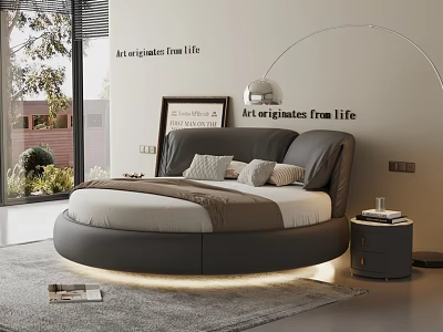 Modern Bedroom With Round Bed Ambient Lighting Nightstand Pillows And Large Window Greenery 3d model