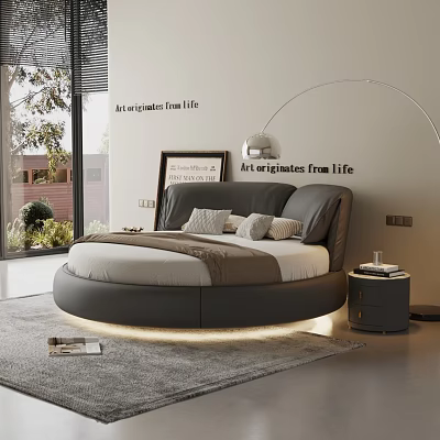 Modern Bedroom With Round Bed Ambient Lighting Nightstand Pillows And Large Window Greenery 3d model