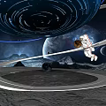 Astronaut Floating In Space Holding Glowing Sphere With Cosmic Rings And Planets