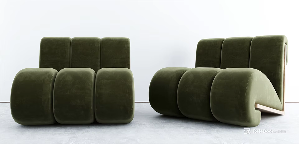 Green Velvet Single Seater Sofa With Modern Round Modules Design 3d model
