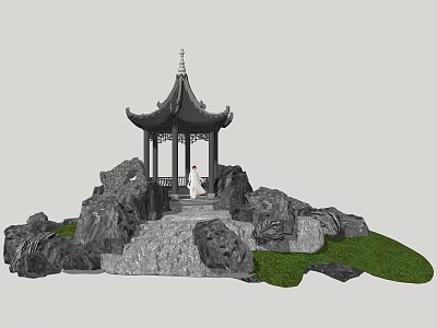 Chinese Style Pavilion Garden Scene With Rockery Stones And Green Grass 3d model