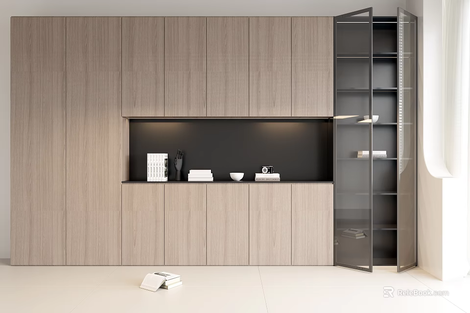 Minimalist Modern Display Cabinets With Wooden Finish Glass Doors And Built in Lighting 3d model 